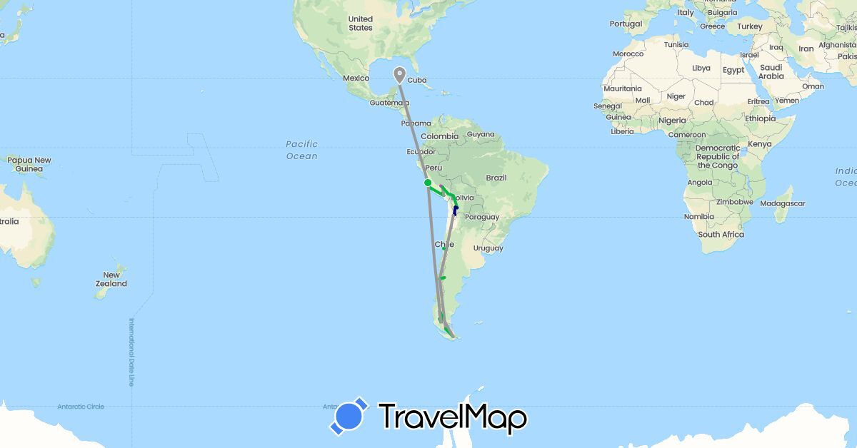 TravelMap itinerary: driving, bus, plane, train, hiking, boat in Argentina, Bolivia, Chile, Mexico, Peru (North America, South America)